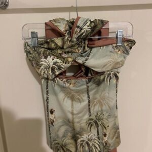 Tropical Palm-Print Strapless One-Piece Swimsuit - Sage/Olive